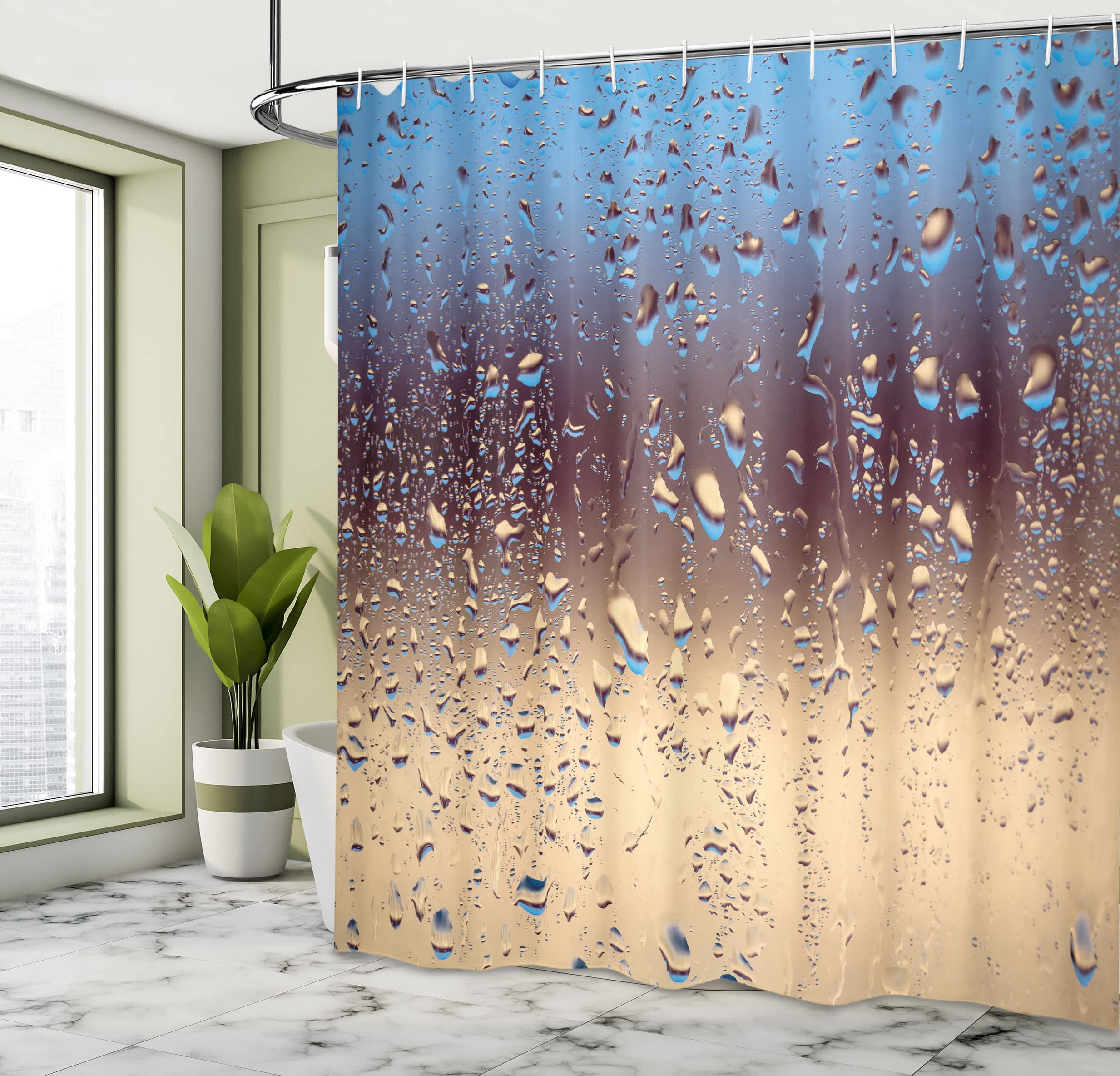 Ambesonne Rain Shower Curtain, Close Up Rain Drops On Glass Natural Sprays Sphere Contrasting Colors Picture, Cloth Fabric Bathr